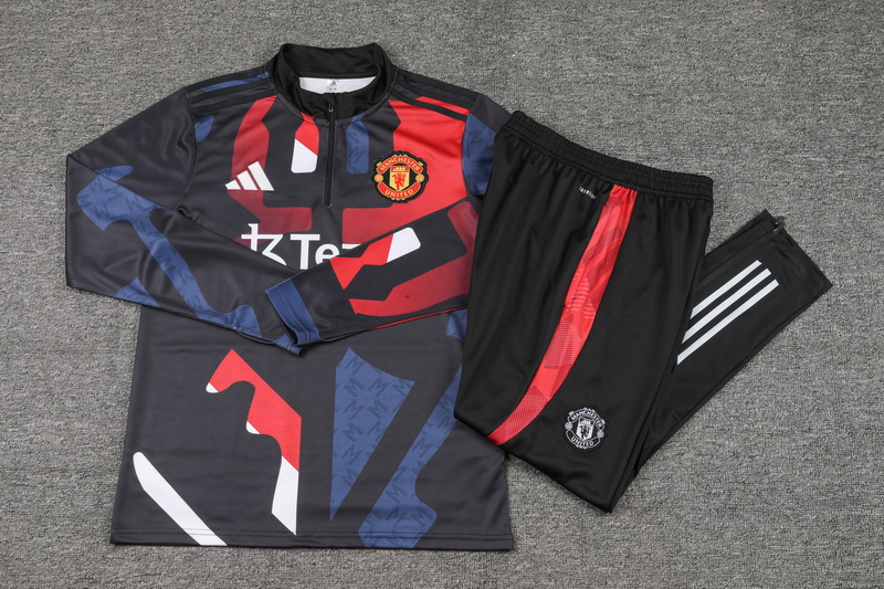 2024/2025 Manchester United Half-Pull Training Suit Red blue and black print Football Shirt 1:1 Thai Quality Set