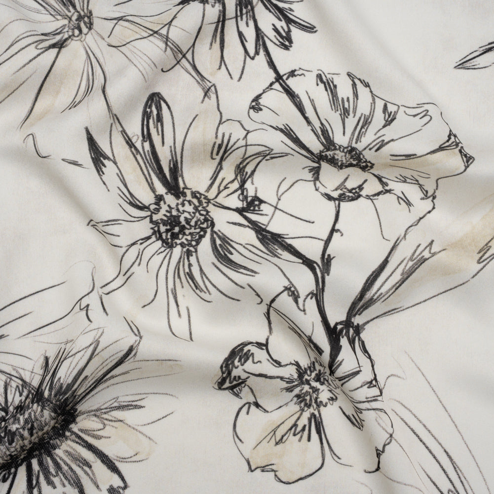 Polyester Crepe-Back Satin - Black and Cream Florals - Mood Exclusive Illustrated Herbarium Print - Joann Fabrics