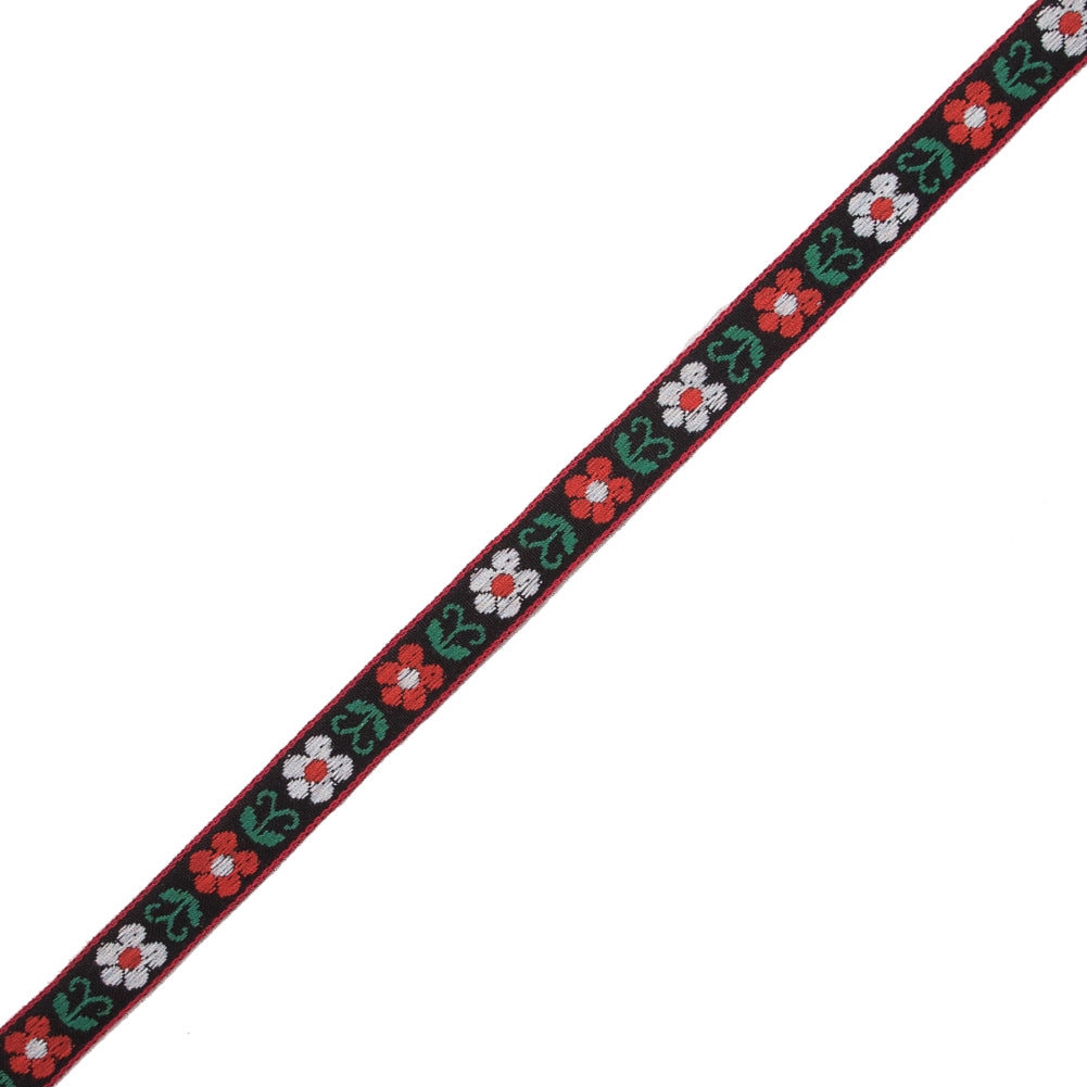 Red, Green and Black Floral German Jacquard Ribbon - 0.5