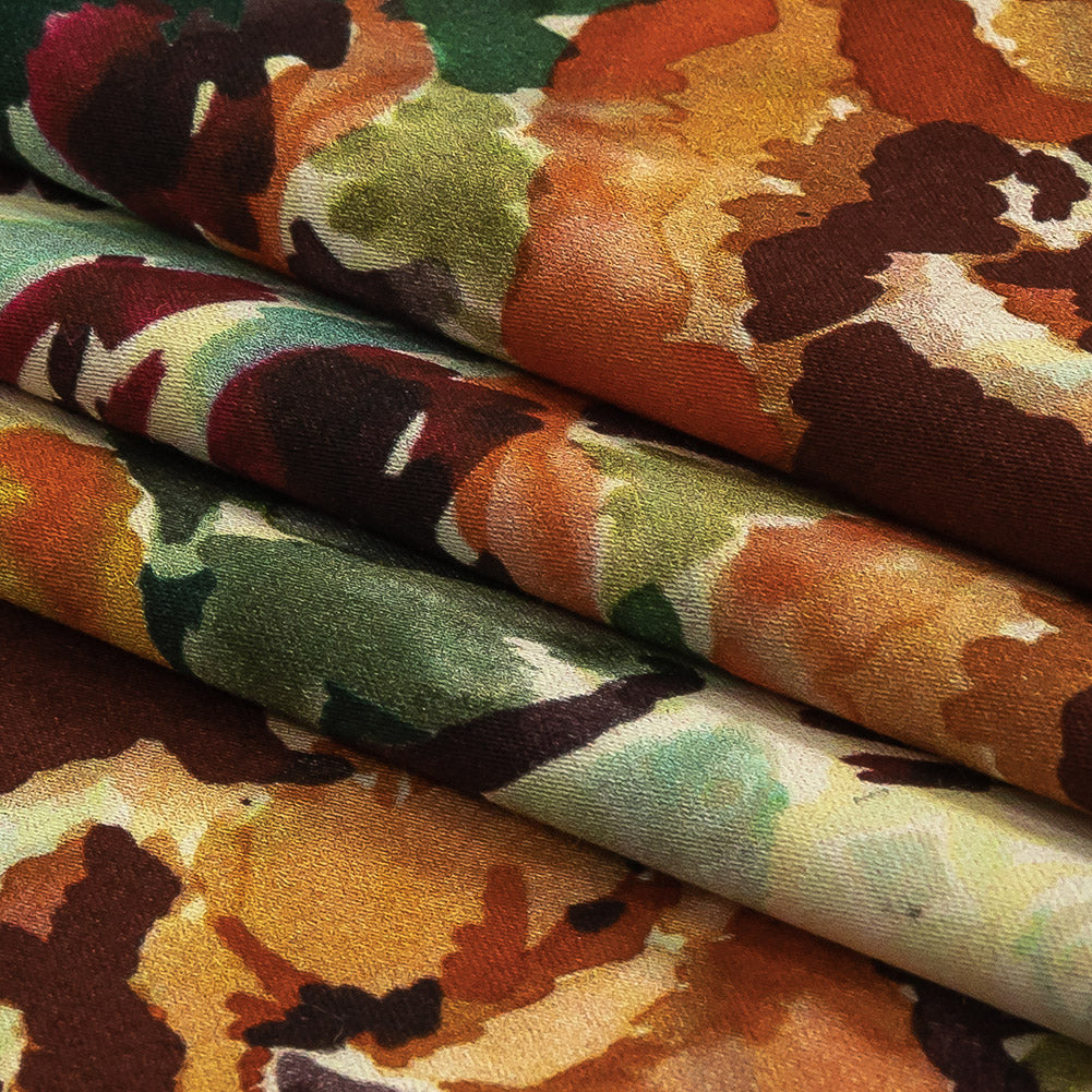 Stretch Cotton and Viscose Sateen Print - Green, Orange and Purple Painterly Floral - Mood Exclusive Cluttered Canvas - Joann Fabrics