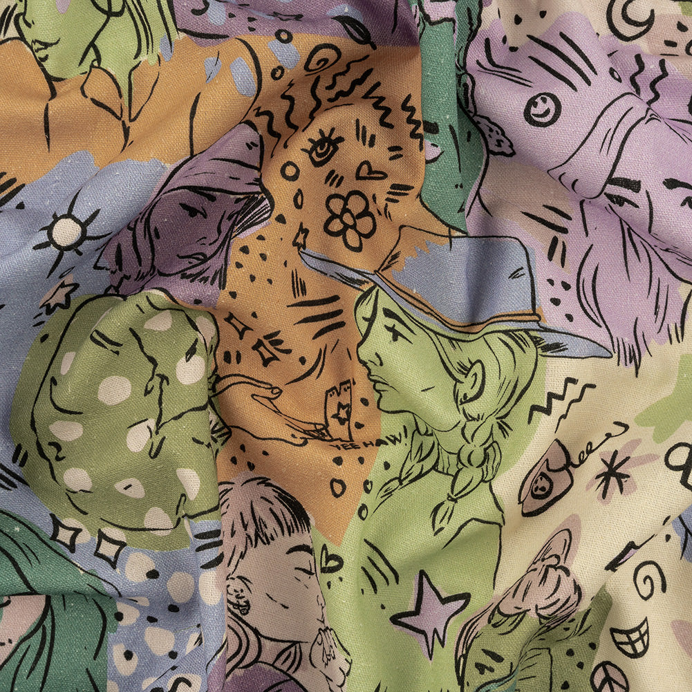Linen and Rayon Woven - Purple and Green Figures and Doodles - Serene Souls Print - Mood Exclusive Wisteria Collection - Joann Fabrics