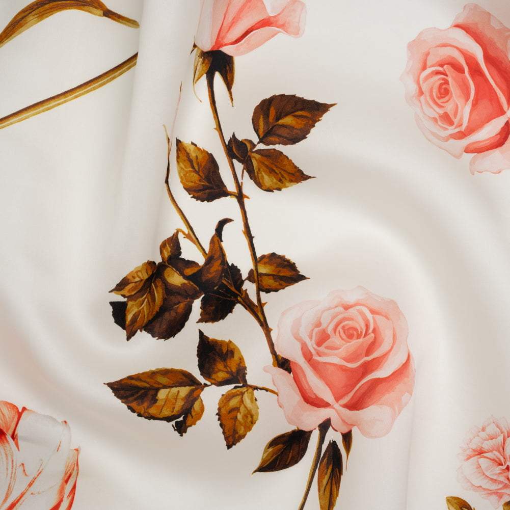 Heavy Silk Satin-Faced Organza, Made in Italy - Pink, White and Green Scattered Tulips and Roses - Joann Fabrics