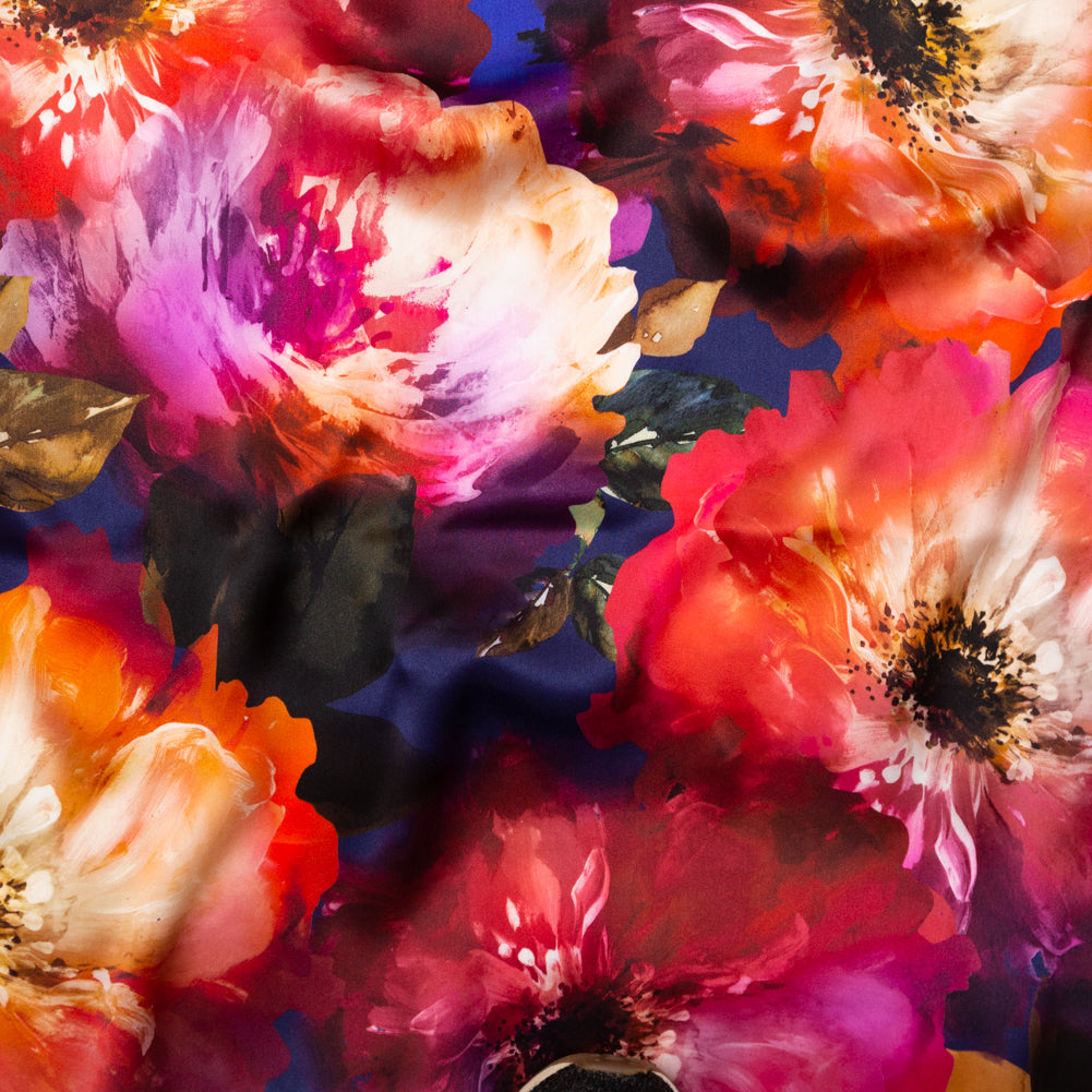 Mood Exclusive Italian Pink, Orange and Blue Painterly Floral Digitally Printed Silk Charmeuse - Joann Fabrics
