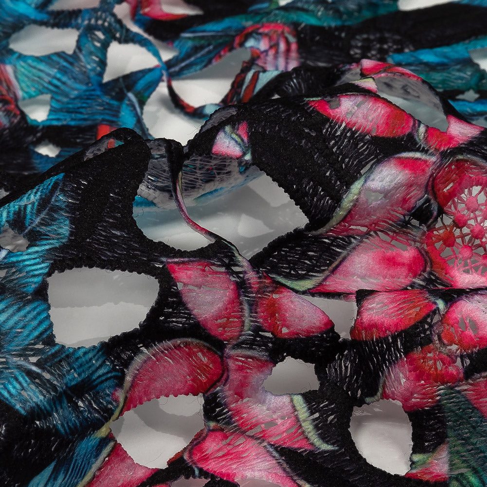 Printed Guipure Lace with Finished Edges - Teal, Fuchsia Pink and Black Tropical Flowers - Joann Fabrics
