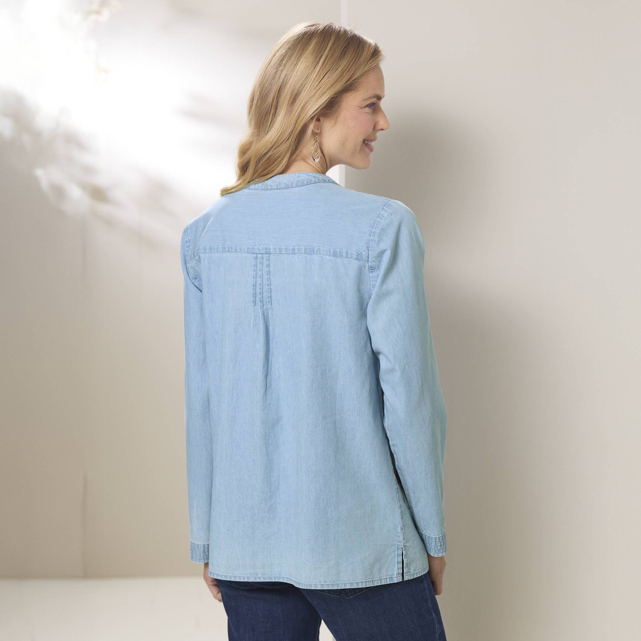 Tuck Embroidered Cotton Chambray Denim Popover, Button Placket - Northstyle Catalog