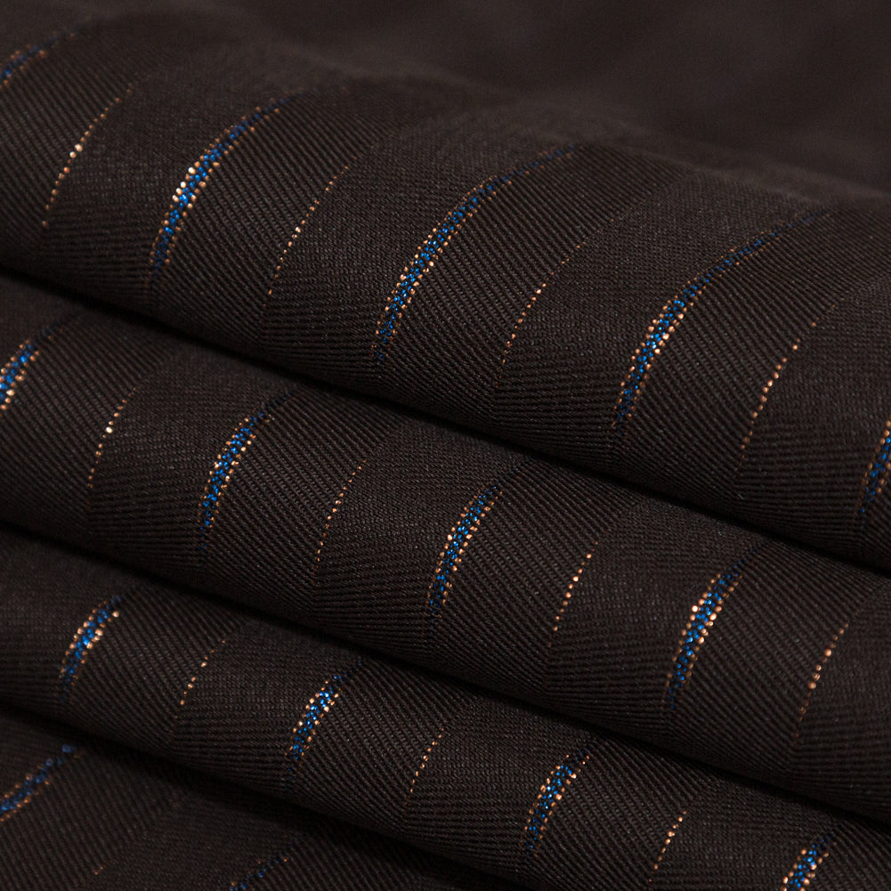 Chocolate Brown Polyester Twill with Metallic Gilded Pleasure and Moody Blue Stripes - Joann Fabrics