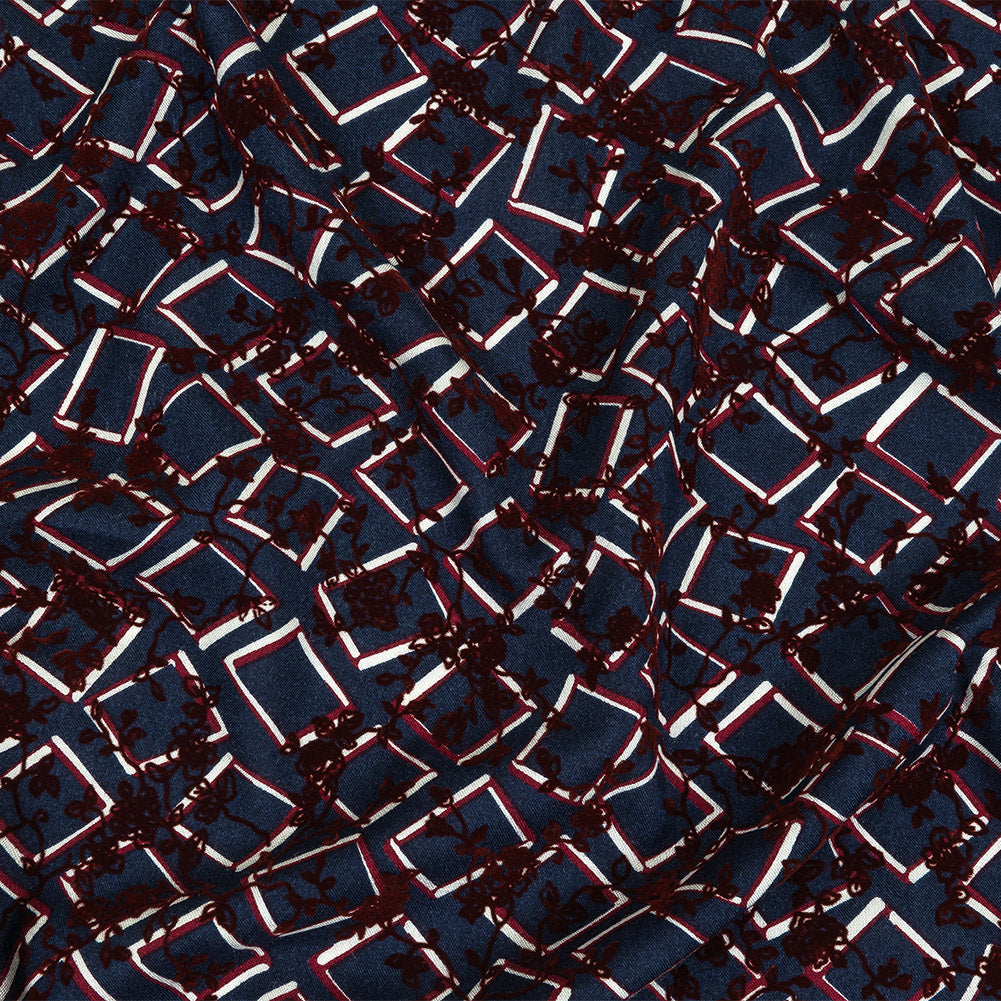 Burgundy, White and Navy Flocked Florals on Tossed Squares Printed Viscose Woven - Joann Fabrics