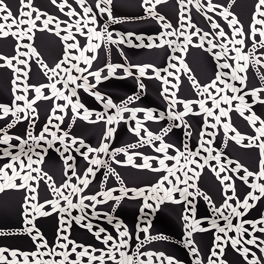 Mood Exclusive Italian Black and White Chains Digitally Printed Silk Charmeuse - Joann Fabrics