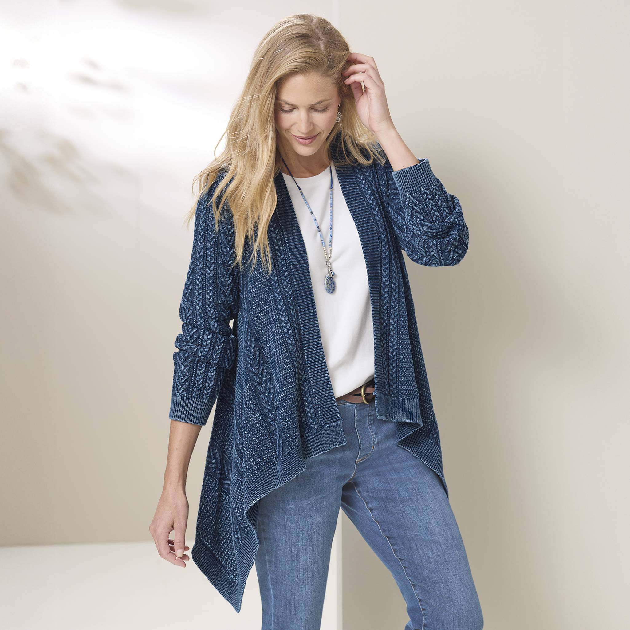 Vintage-Wash Cotton Cable Open Cardigan, Long Sleeves - Northstyle Catalog