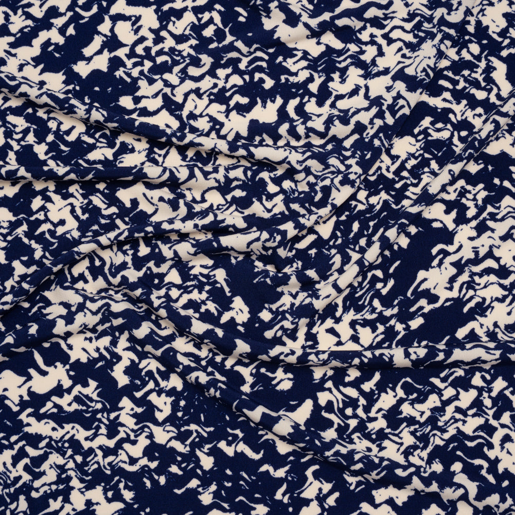 Stretch Polyester Tricot Print - Navy and Cream Abstract Waves - Designer Deadstock - Joann Fabrics