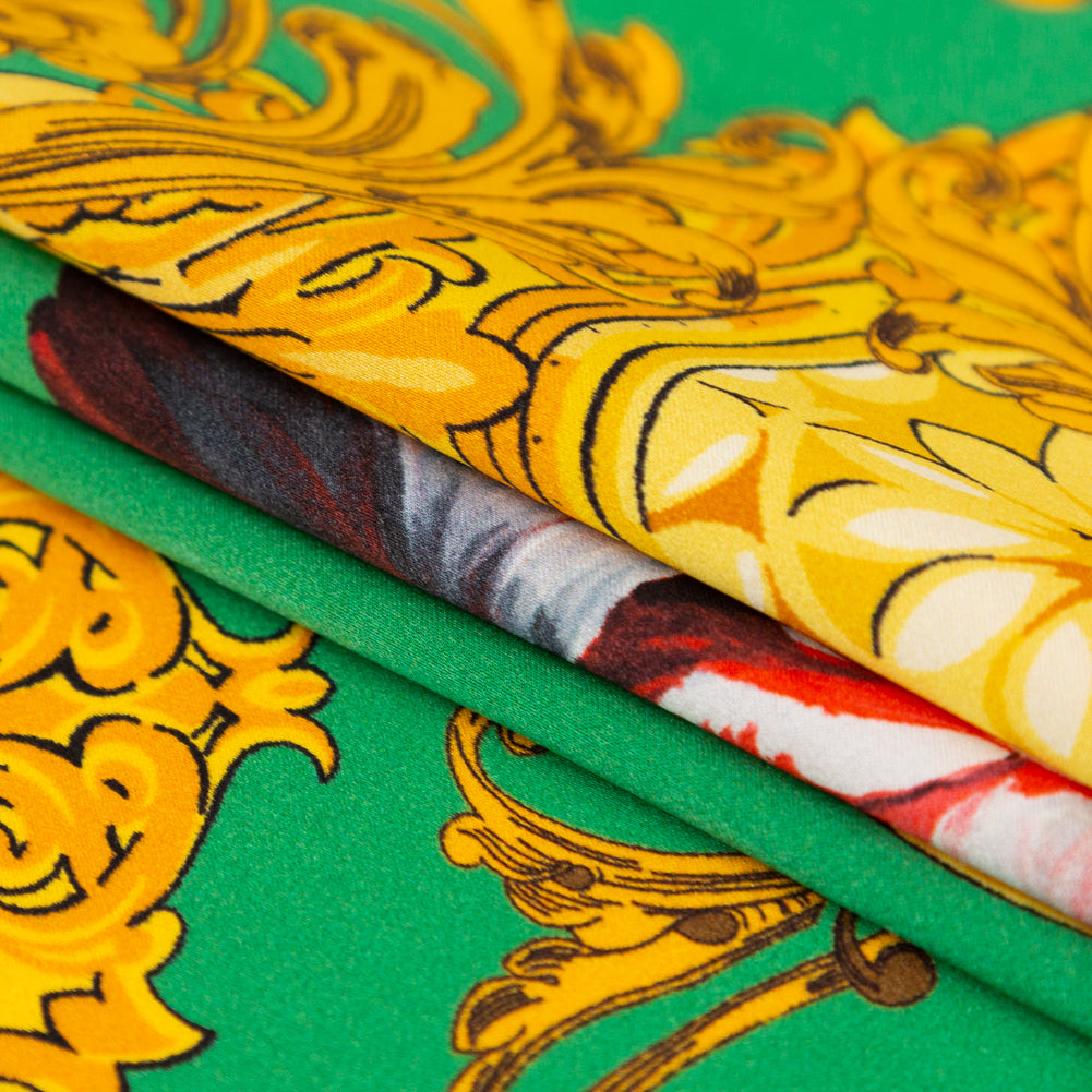 Mood Exclusive Italian Kelly Green and Gold Ornate Floral Digitally Printed Silk Charmeuse - Joann Fabrics