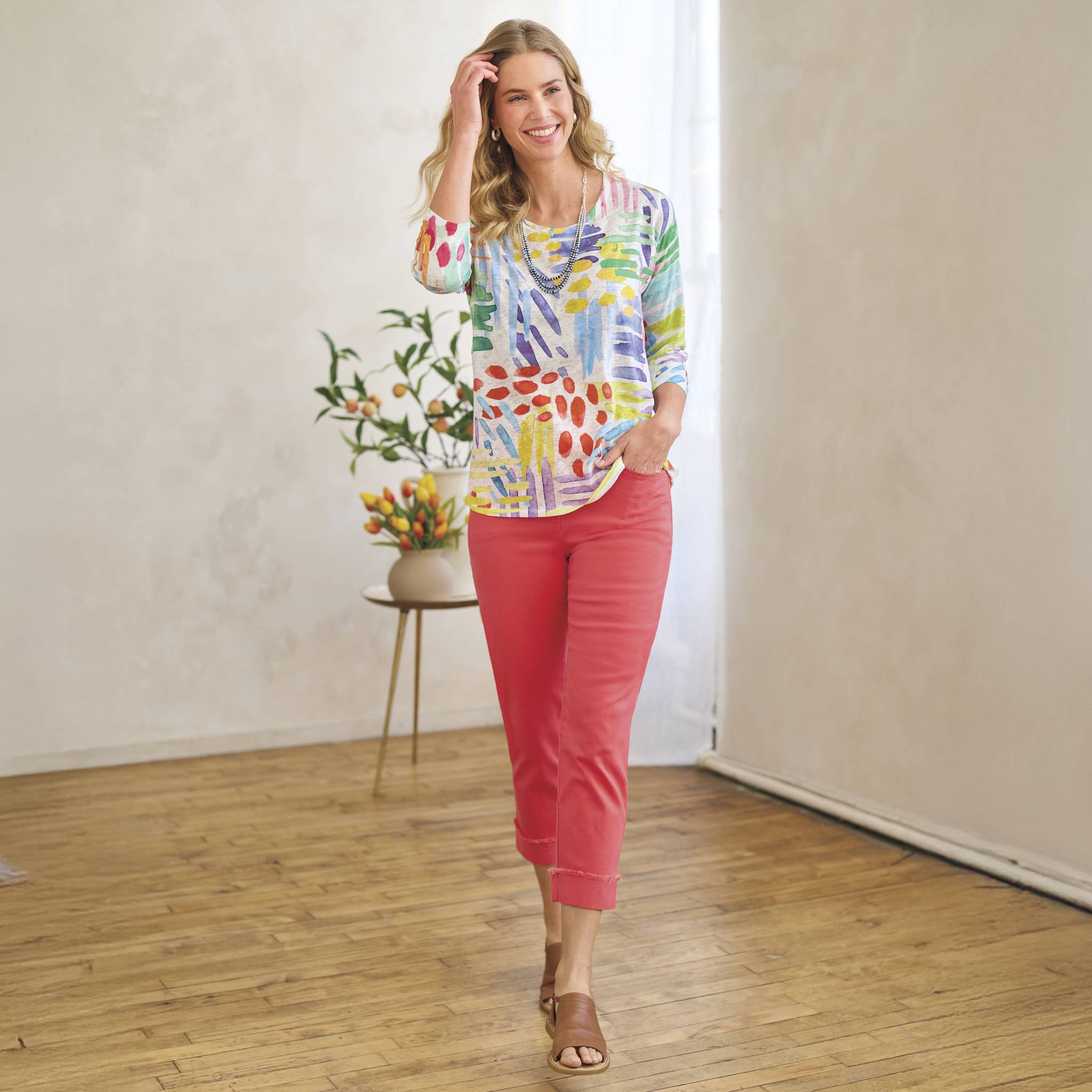 Color Explosion Knit Top, Soft Slub Fabric, 3/4 Sleeves - Northstyle Catalog