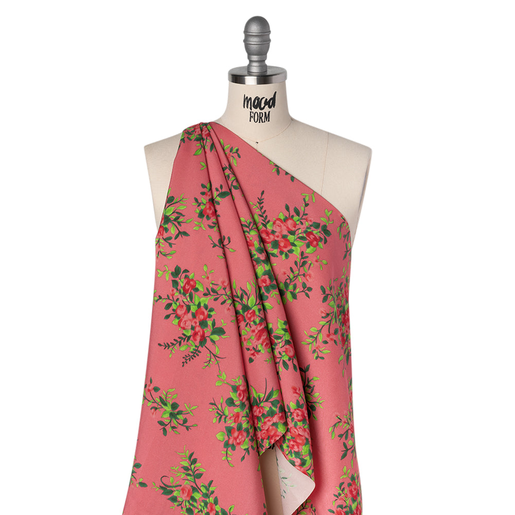 Silk Woven Print Made in Italy - Rose Pink, Red and Green Flower Bunches - Deadstock - Joann Fabrics
