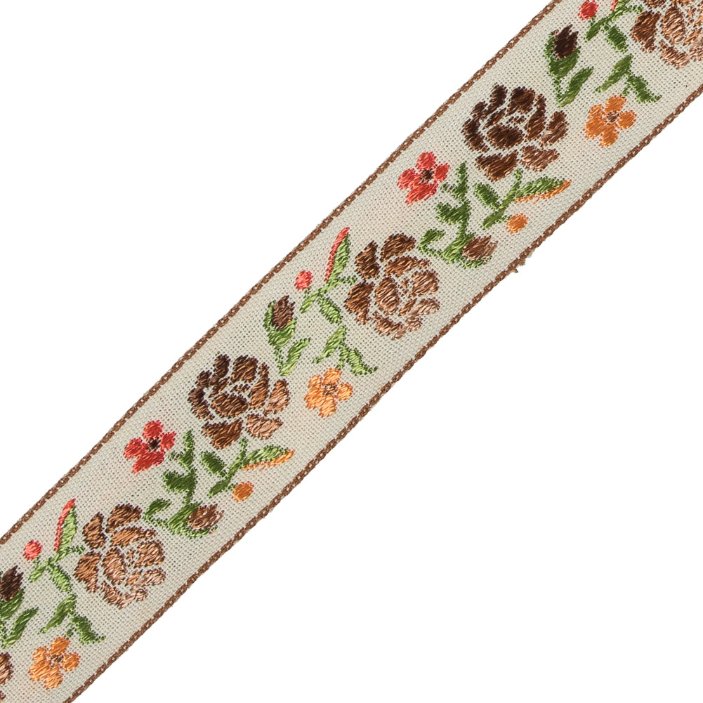 Brown, Orange and Green Floral Jacquard Ribbon - 0.875