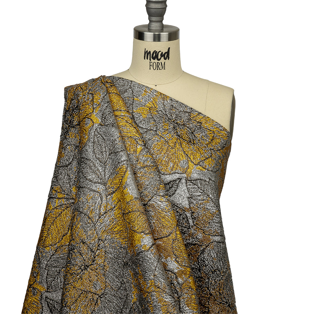 Metallic Silver, Black and Golden Yellow Rose Garden Linework Luxury Brocade - Joann Fabrics