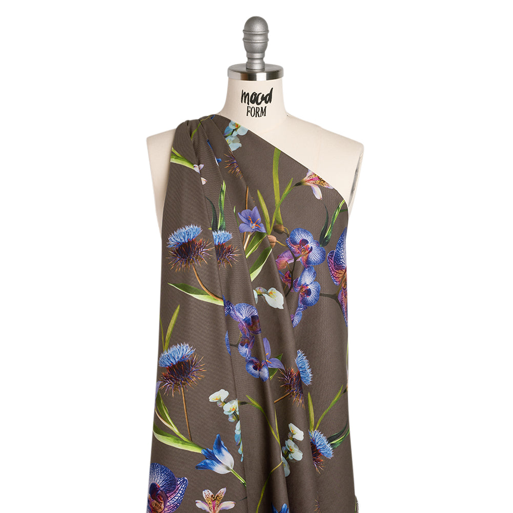 Peached Polyester Twill - Taupe, Blue and Green Orchids - Mood Exclusive Petal Reverie Print - Joann Fabrics