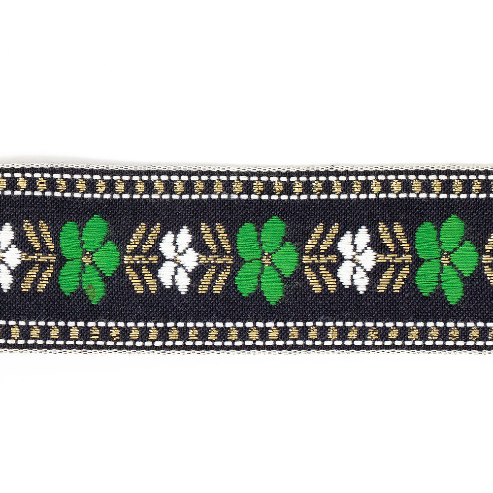 Green, White and Metallic Gold Floral Jacquard Ribbon - 1.5