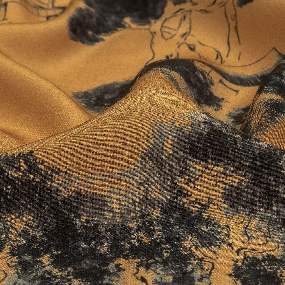 Viscose Twill Print - Tan and Black Trees and Houses - Mood Exclusive Among the Kii Mountains - Joann Fabrics