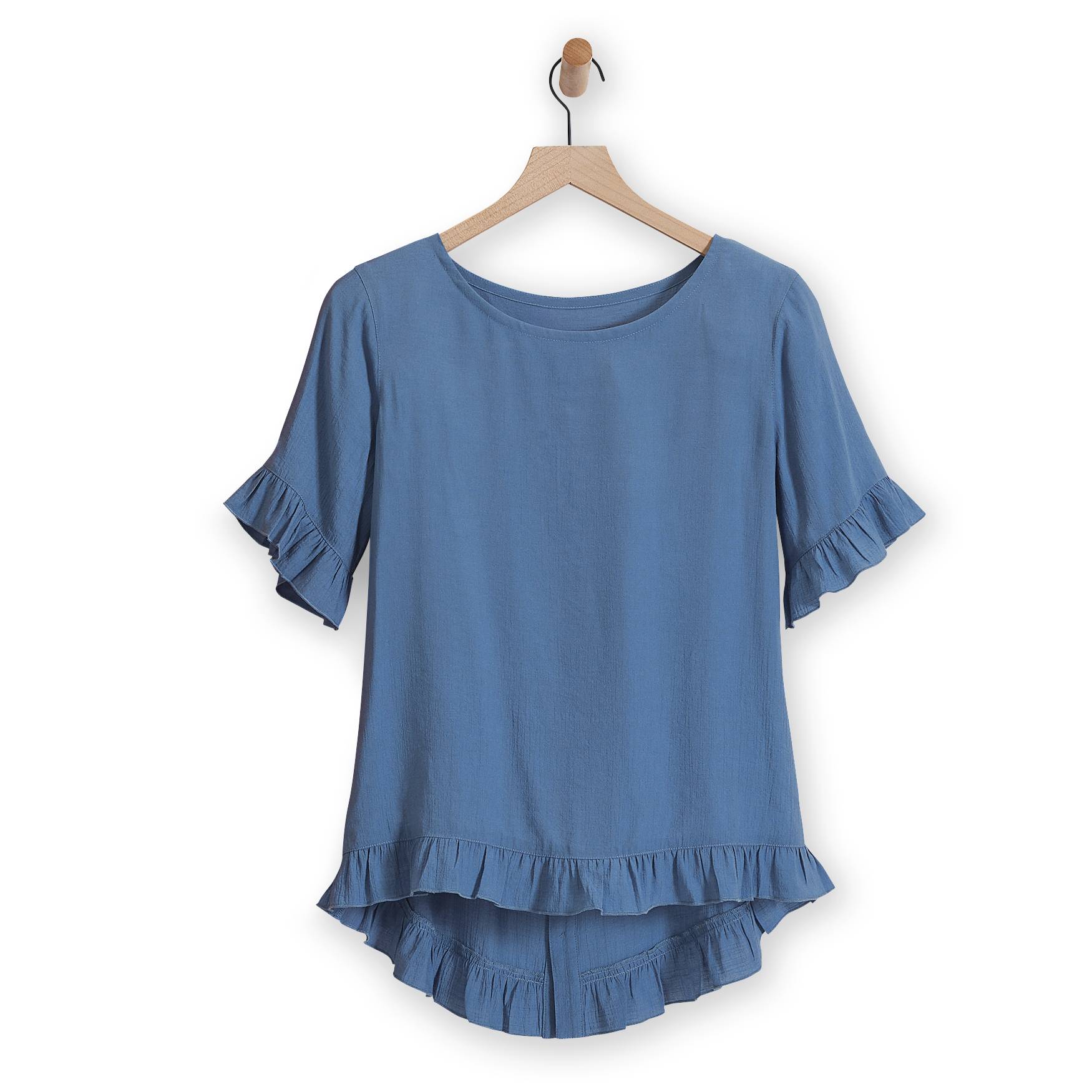 Ruffle Button-Back Top, Short-Sleeve, Curved High-Low Hem - Northstyle Catalog