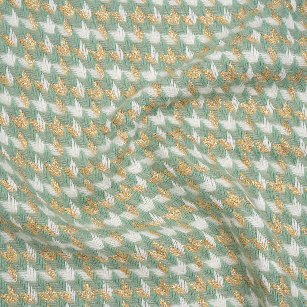 Metallic Wool and Acrylic Tweed Twill - Mint Green, Gold and White Geometric - Deadstock - Joann Fabrics