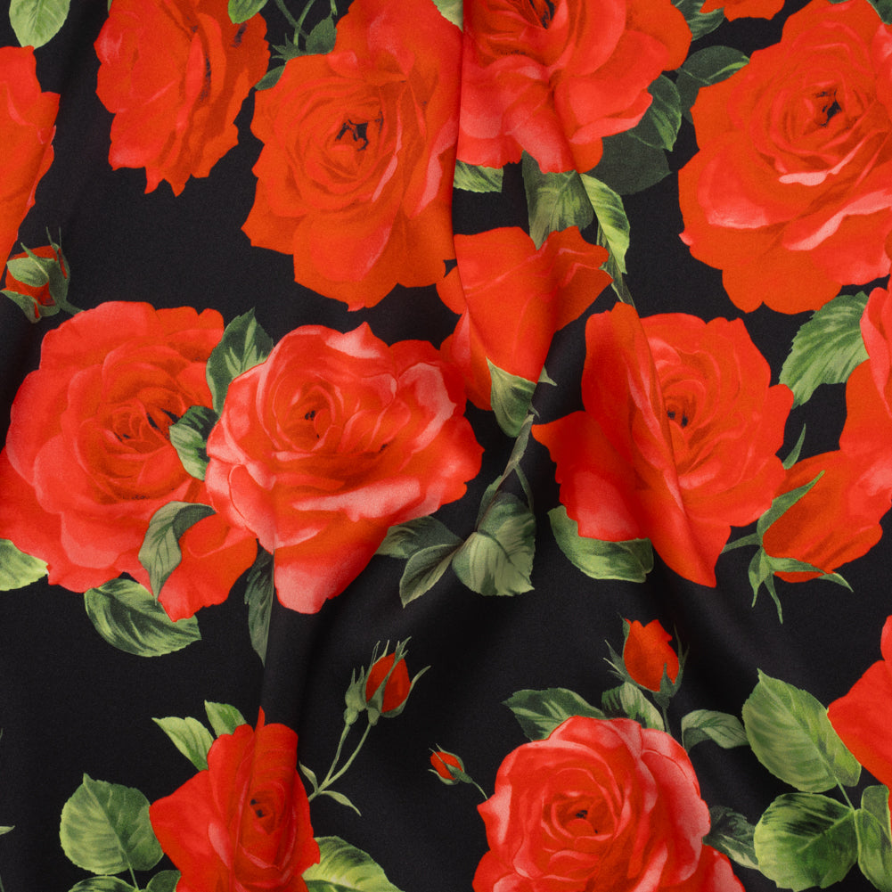 Silk Charmeuse Print 16MM, Made in Italy - Black, Red and Green Bunches of Roses - Joann Fabrics