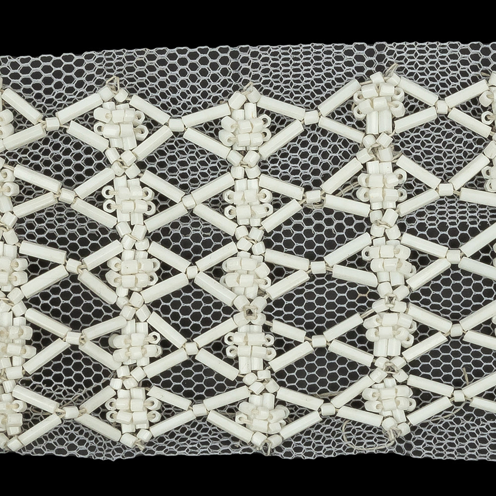 Vintage White Latticework Glass Beaded Mesh Trim - 2.125