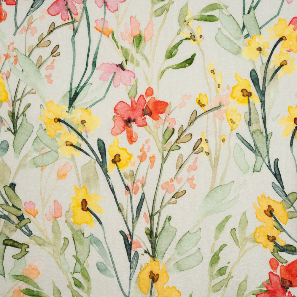 Lightweight Linen Woven - Yellow, Red and Green Watercolor Floral Trails on Ivory - Joann Fabrics