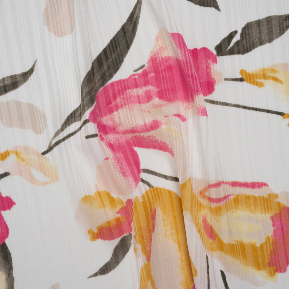 Satin Stripes Polyester Dobby Print - Pink, Golden Yellow and Olive Painterly Tulip Flowers - Designer Deadstock - Joann Fabrics