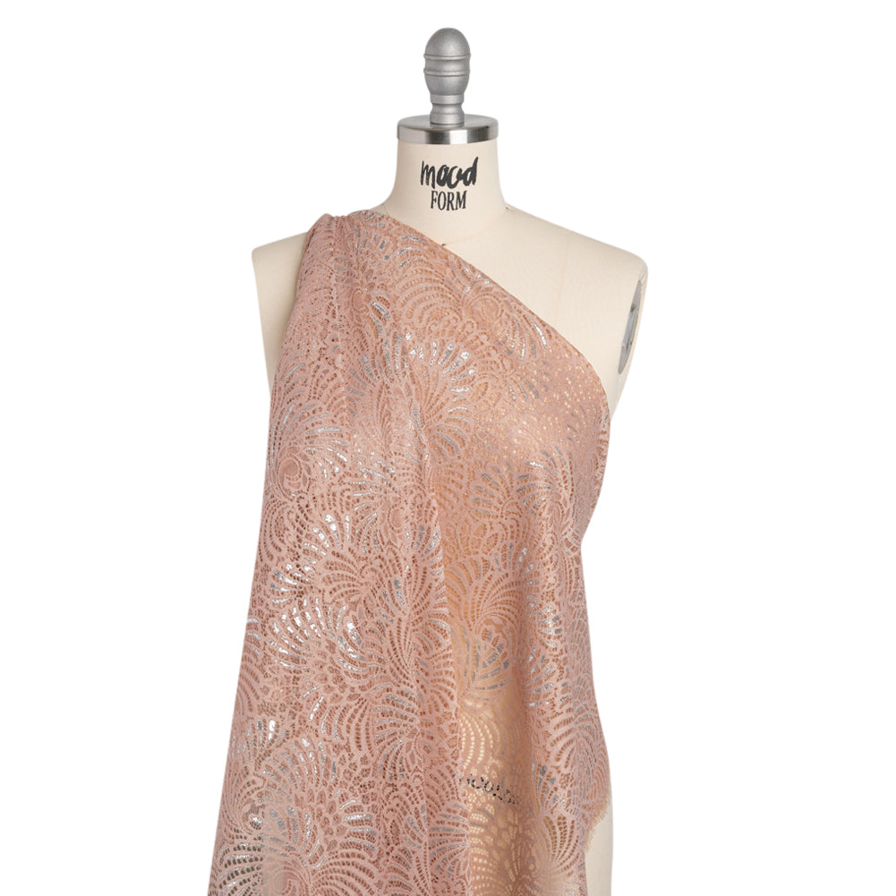 Metallic Raschel Lace Panel with Finished Edges - Blush and Silver Swirling Fans - Joann Fabrics