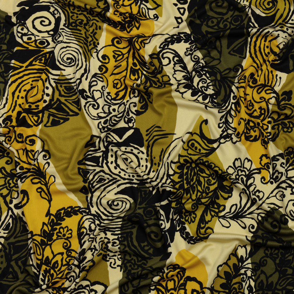 Olive, Goldenrod, and Kiwi Diamonds and Floral Outlines Silk Jersey - Joann Fabrics