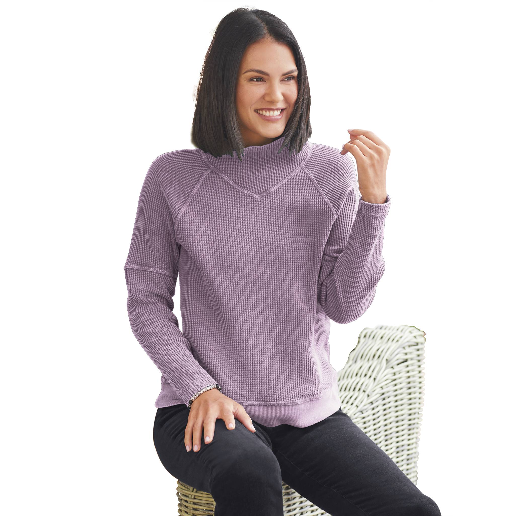 Vintage-Wash Waffle Knit Mockneck, Long Sleeves, Seam Details - Northstyle Catalog