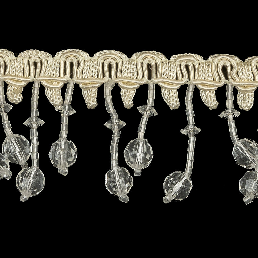Vintage Crystal Faceted and Seed Beaded Fringe on Ivory Braid - 1.5