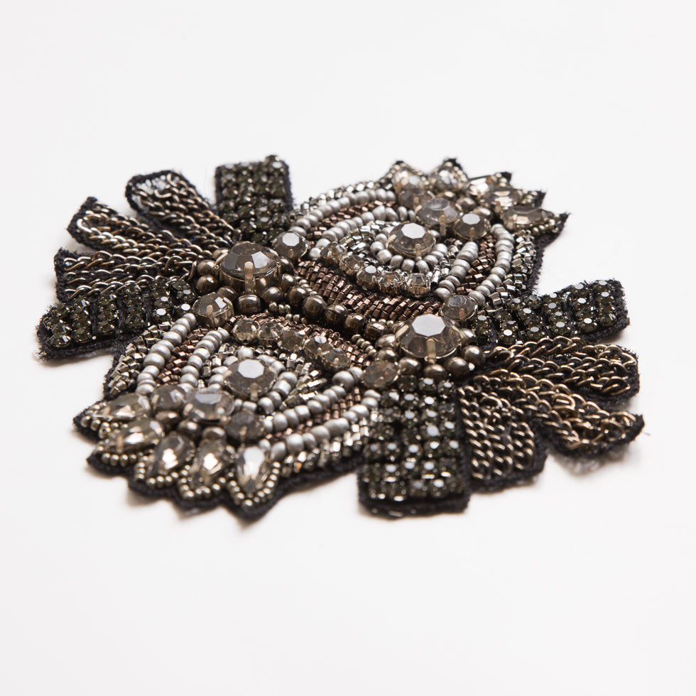 Black and Gray Beaded Rhinestone Applique - 4.5