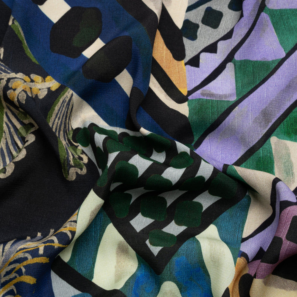 Sustainable Viscose Crepe Print - Blue, Green and Periwinkle Leafy and Geometric Patchwork - Mood Exclusive Curtain Call - Joann Fabrics