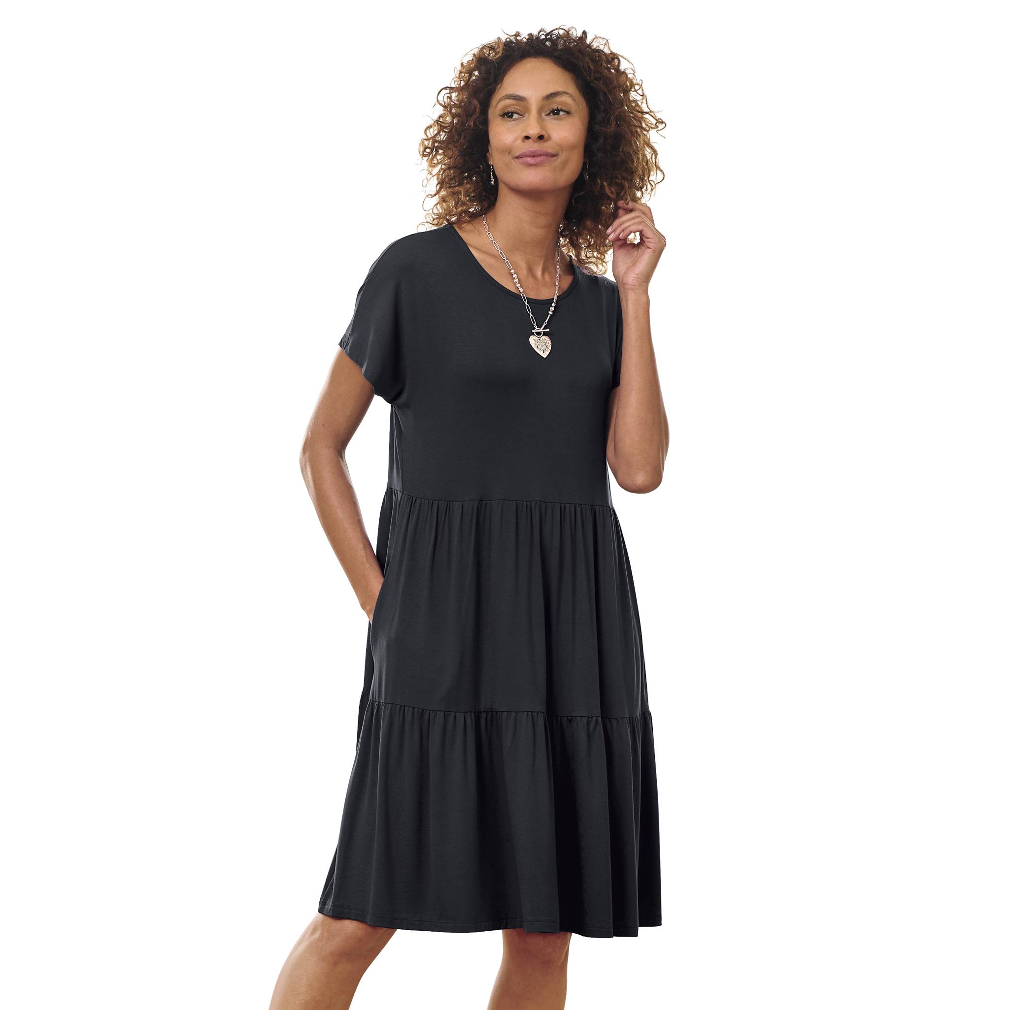 Bamboo Knit Tiered Pocket Dress, Dolman Short Sleeves, Side Pockets - Northstyle Catalog