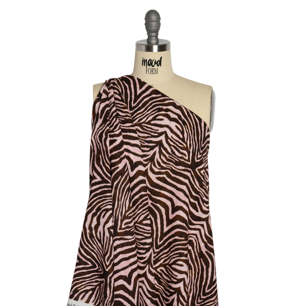 Linen and Rayon Woven - Pink and Brown Zebra Stripes - Destination Oasis Print - Mood Exclusive Kilimanjaro Collection - Joann Fabrics