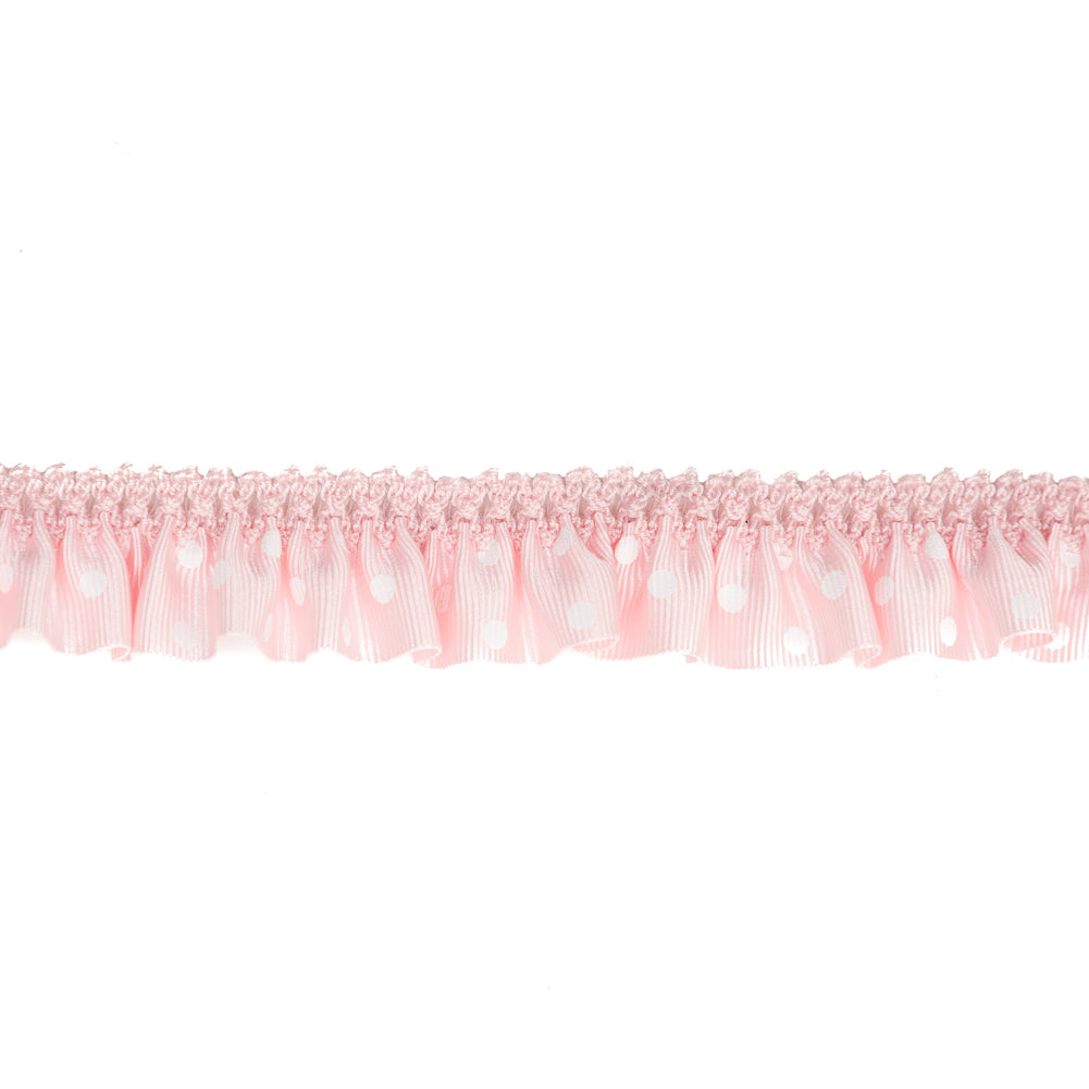 European Light Pink and White Polka Dot Ruffled Stretch Grosgrain .875