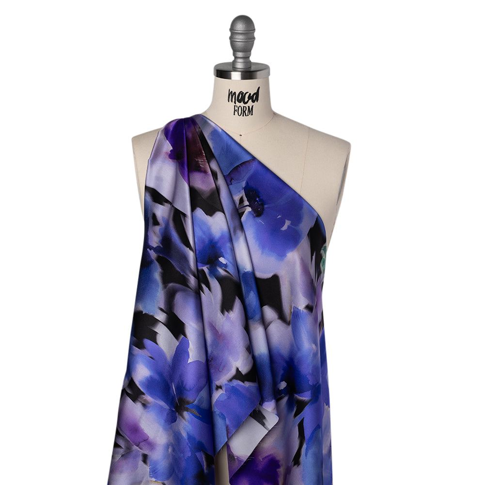 Silk Charmeuse Print 16MM, Made in Italy - Ultramarine Blue and Lilac Soft Watercolor Florals - Joann Fabrics