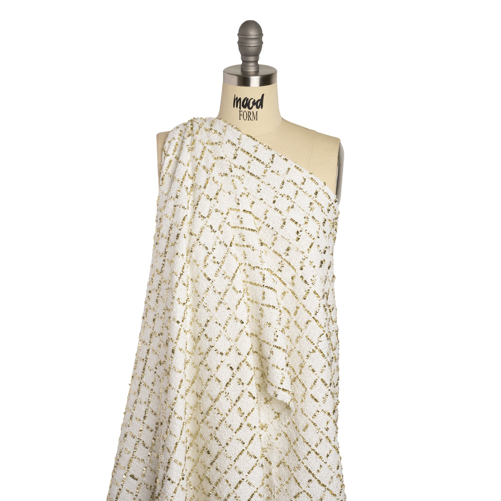 Polyester Boucle Tweed with Plaid Metallic Eyelash Fringe - White and Gold - Deadstock - Joann Fabrics