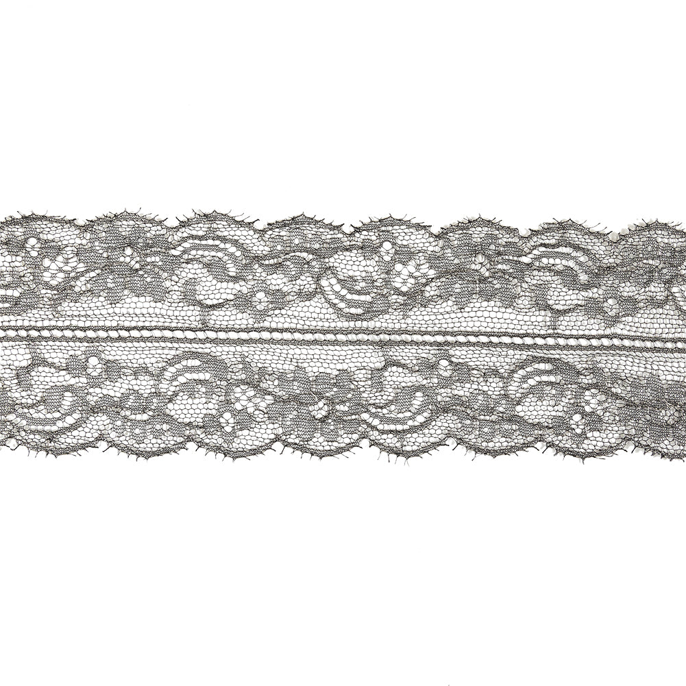 Black and Metallic Silver Floral Chantilly Lace Trim with Eyelash Fringe - 3.25