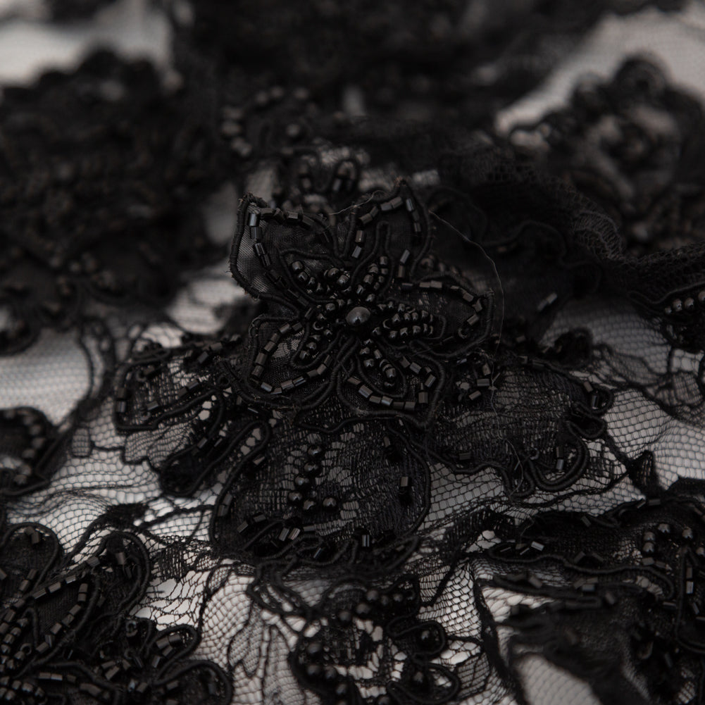Black Narrow Beaded Floral Corded 3D Lace with Scalloped Eyelash Edges - Joann Fabrics