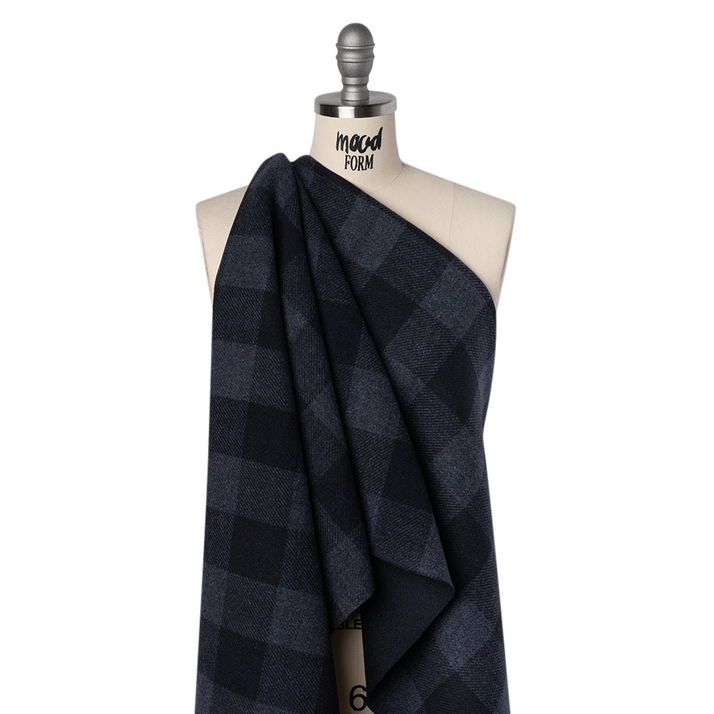 Wool Blend Double Faced Twill Coating Made in Italy - Navy and Dark Blue Buffalo Check - Deadstock - Joann Fabrics