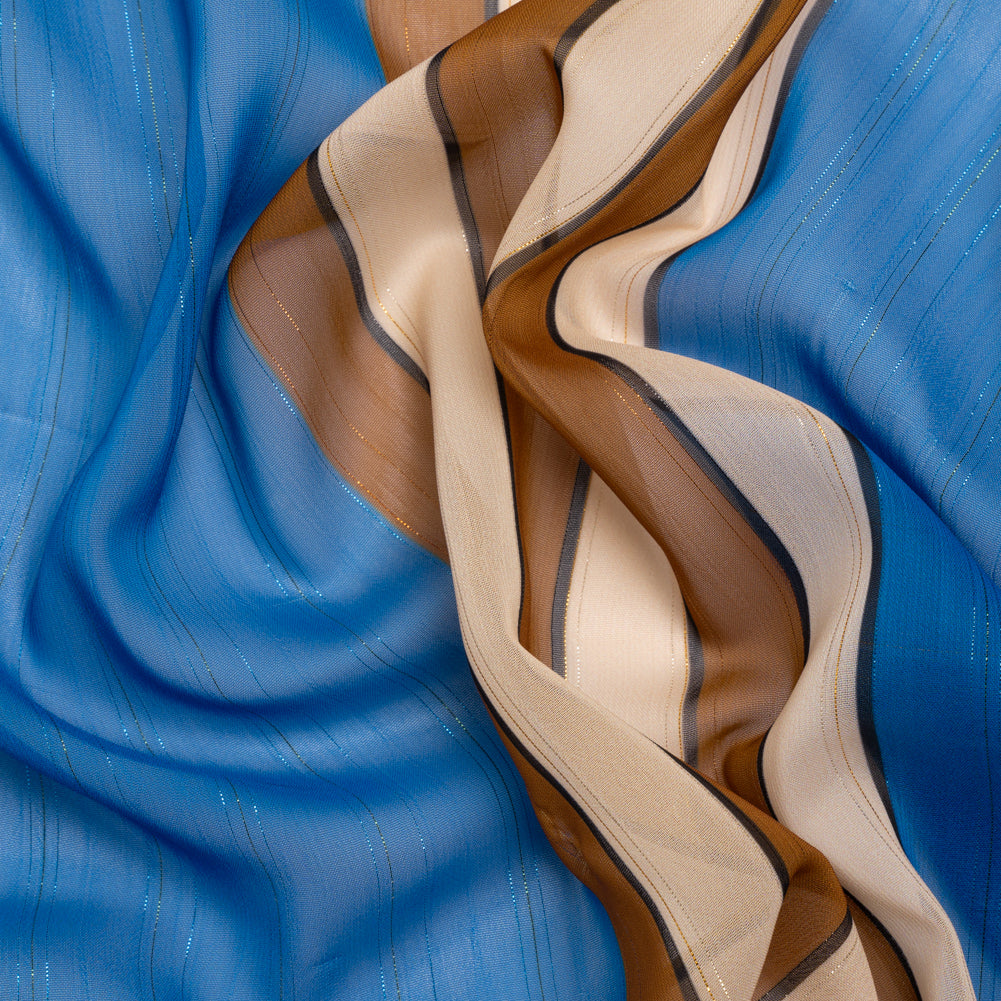Polyester Chiffon Print with Metallic Pinstripes - Blue and Brown Stripes - Mood Exclusive Sandbridge Stripes - Joann Fabrics