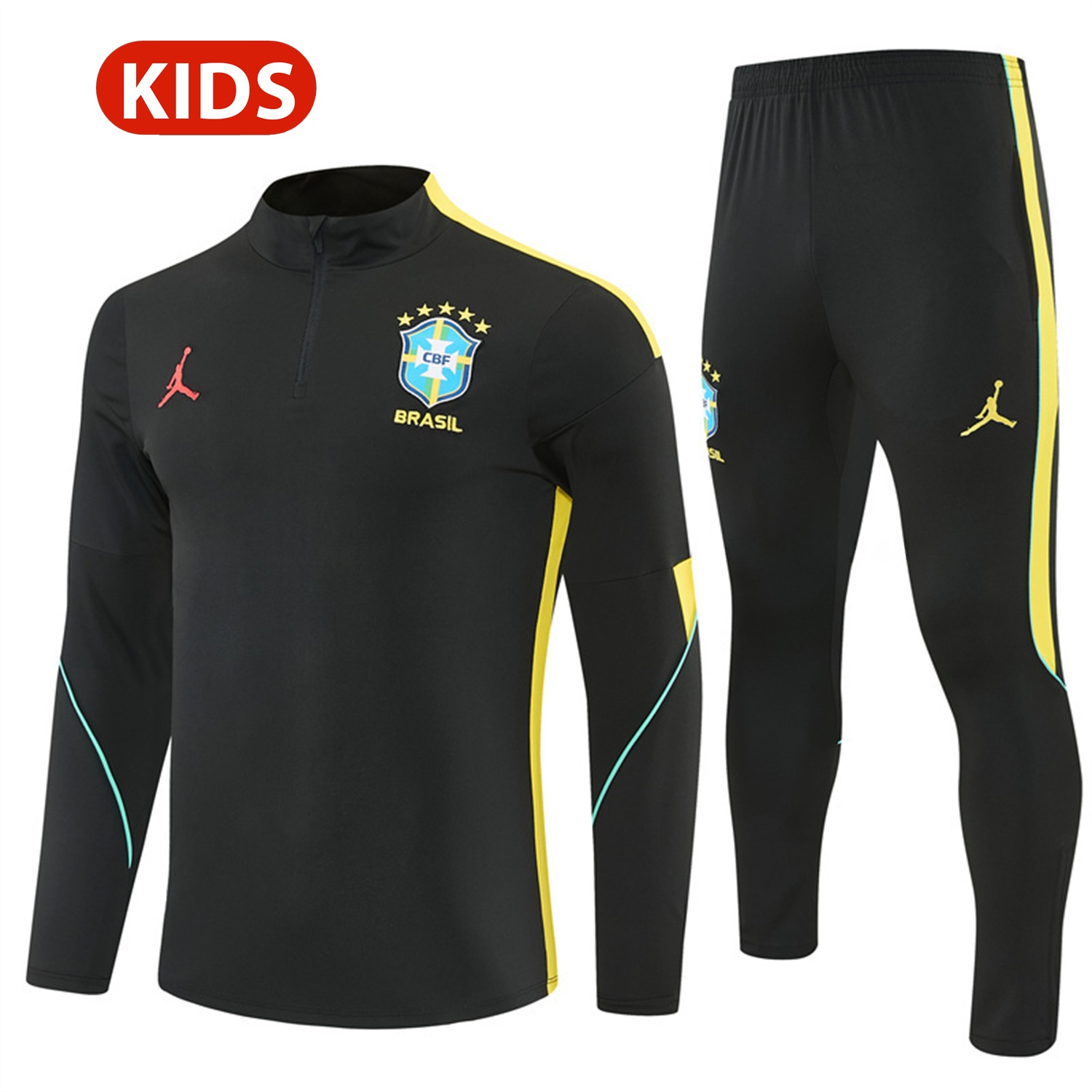 Brazil X JD 2026 Kids Long Sleeves Training Set - Black Top And Black Yellow Pants - UnitedFutballJersey