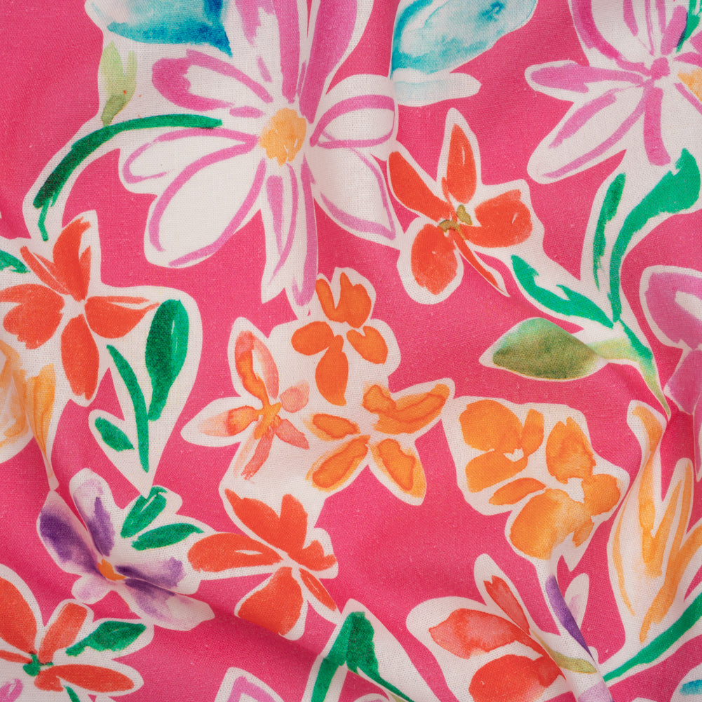 Linen and Rayon Woven - Hot Pink, Purple and Orange Flower Sketches - Mood Exclusive Penpal Petals Print - Joann Fabrics
