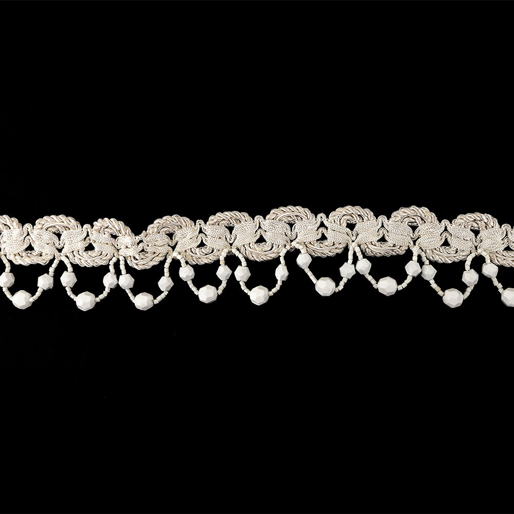 Vintage Ivory Braided Trimming with White Chop and Faceted Beaded Fringe - 1.5
