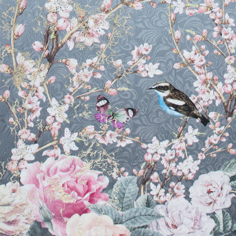 Birds and Branches Digitally Printed on a Gray Butterfly Jacquard with Metallic Gold Embroidery - Joann Fabrics