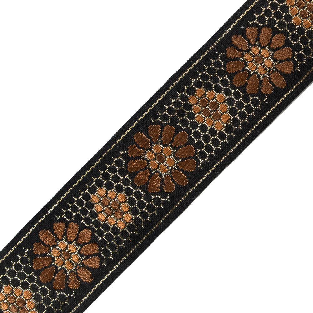 Black, Brown and Orange Metallic Geometric Jacquard Ribbon - 1.5