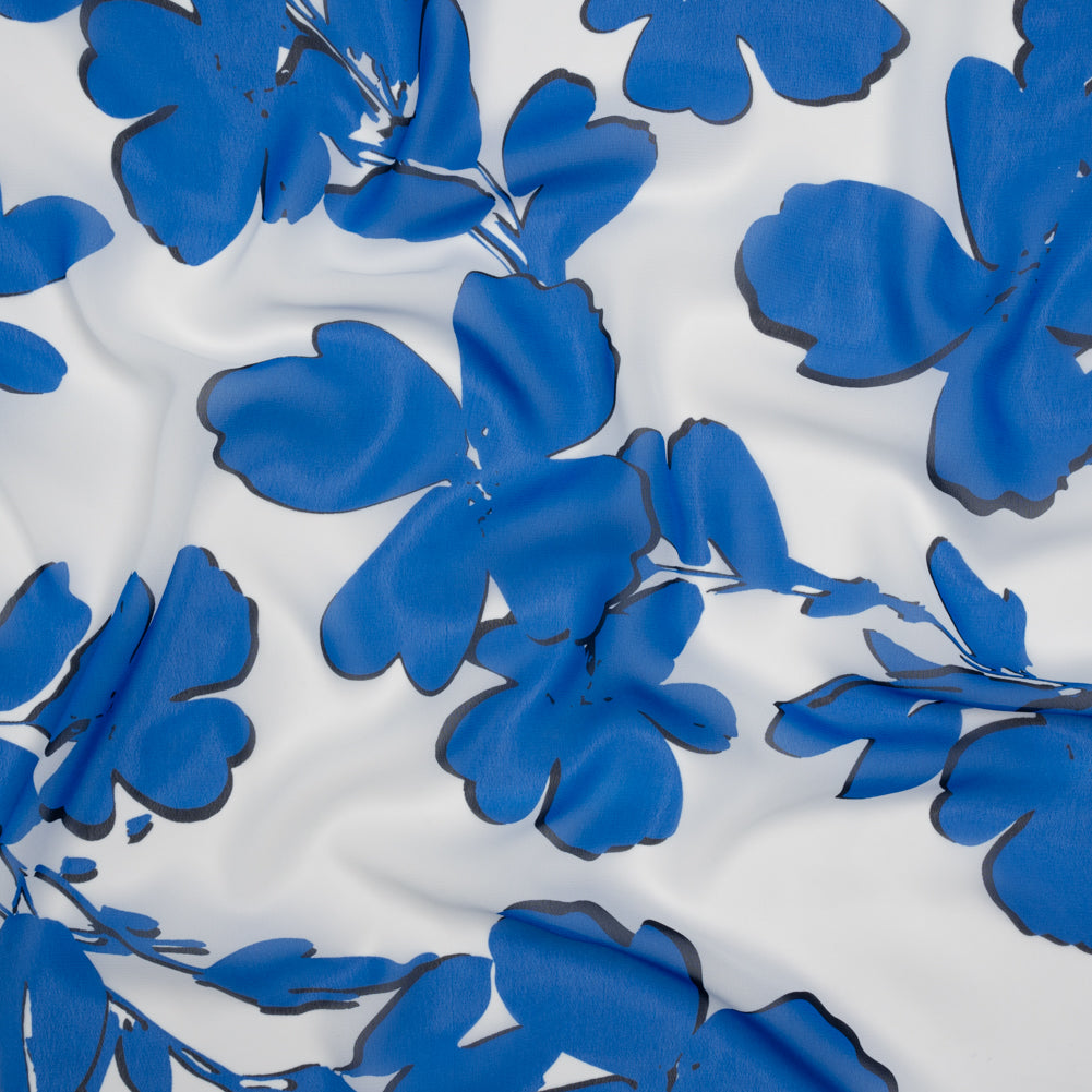 Polyester Chiffon - Bright Blue and Ivory Flowers and Leaves - Designer Deadstock - Joann Fabrics