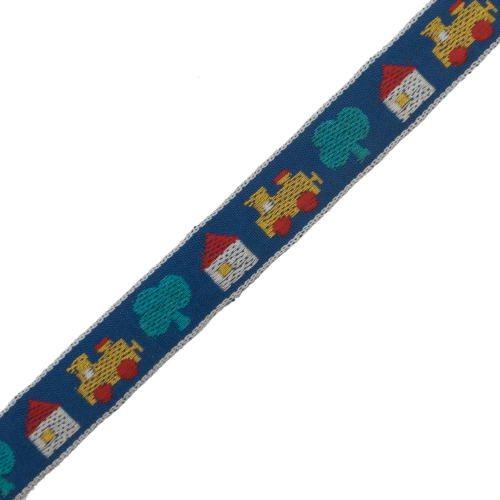 Blue and Yellow Train, House and Tree German Jacquard Ribbon - 0.625